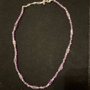 925 Sterling Silver Stamped Silver Purple Beaded Necklace